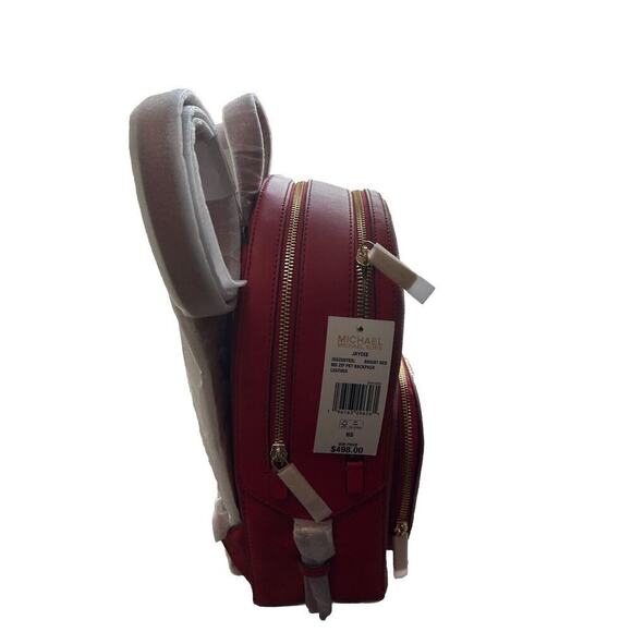 NWT Michael Kors Jaycee Medium Zip Pocket Backpack Leather Bright Red MSRP $498 - Picture 4 of 15